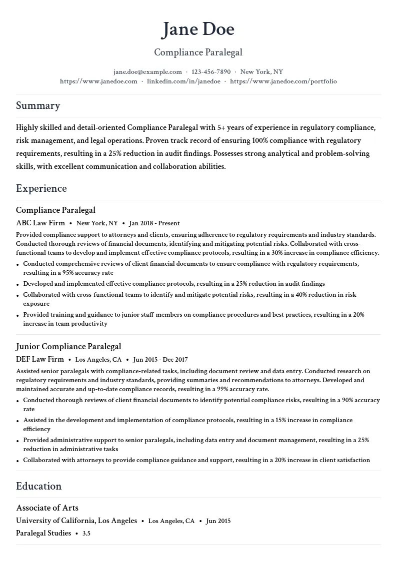 Compliance Paralegal resume example