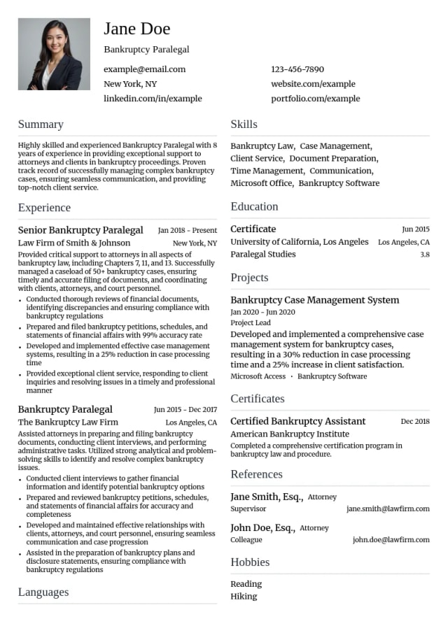 Bankruptcy Paralegal resume example