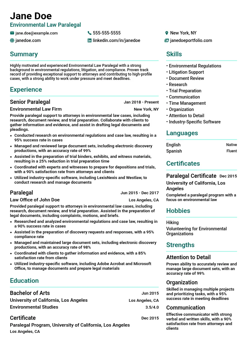 Environmental Law Paralegal resume example