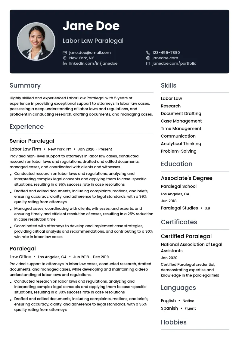 Labor Law Paralegal resume example