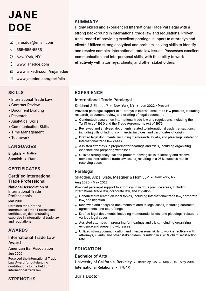 International Trade Paralegal resume example