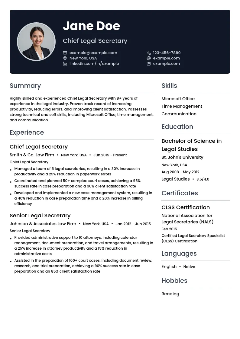 Chief Legal Secretary resume example