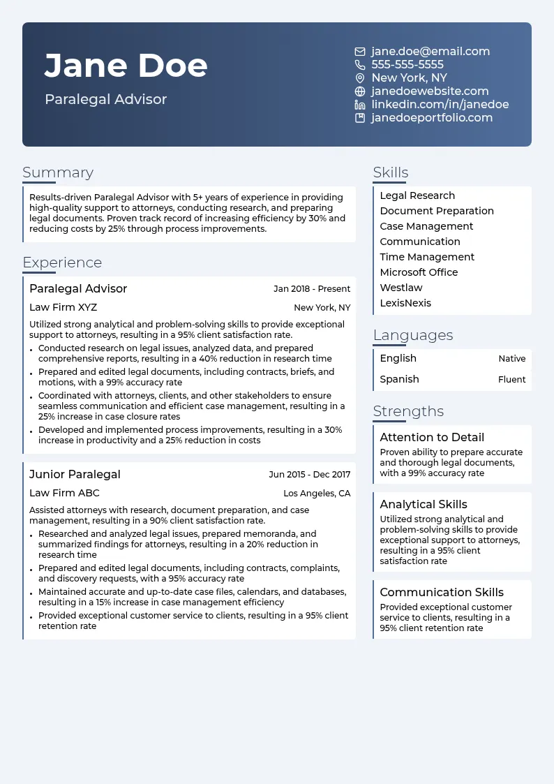 Paralegal Advisor resume example
