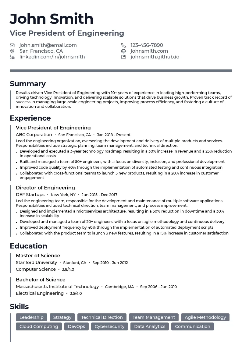 Vice President of Engineering resume example