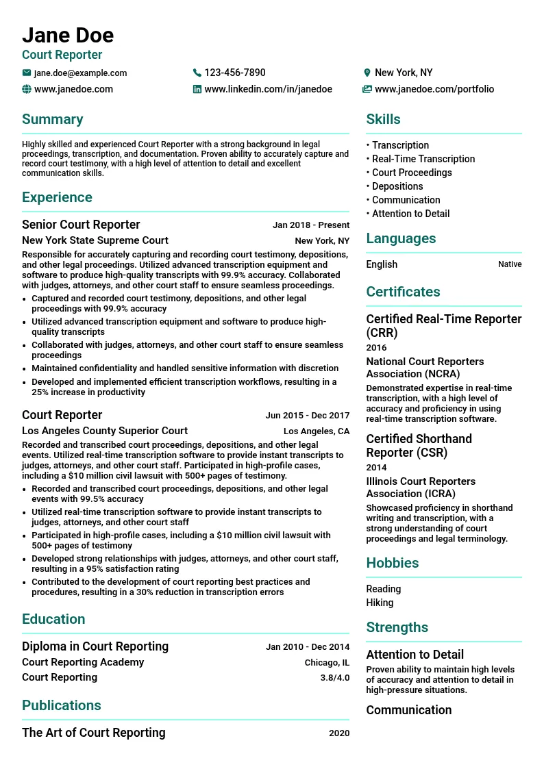 Court Reporter resume example