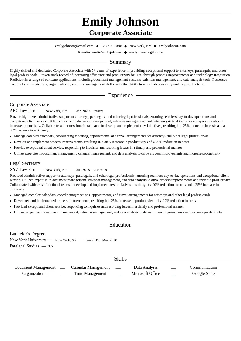 Corporate Associate resume example