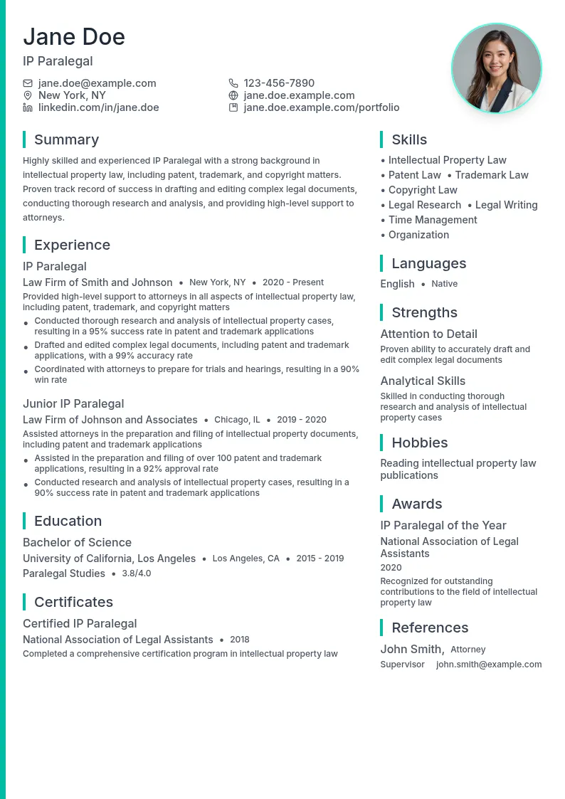 Intellectual Property (IP) Paralegal resume example