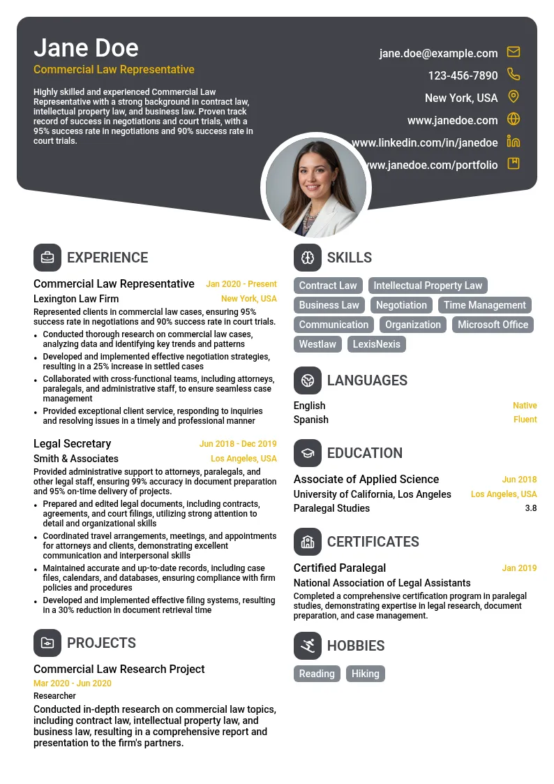 Commercial Law Representative resume example