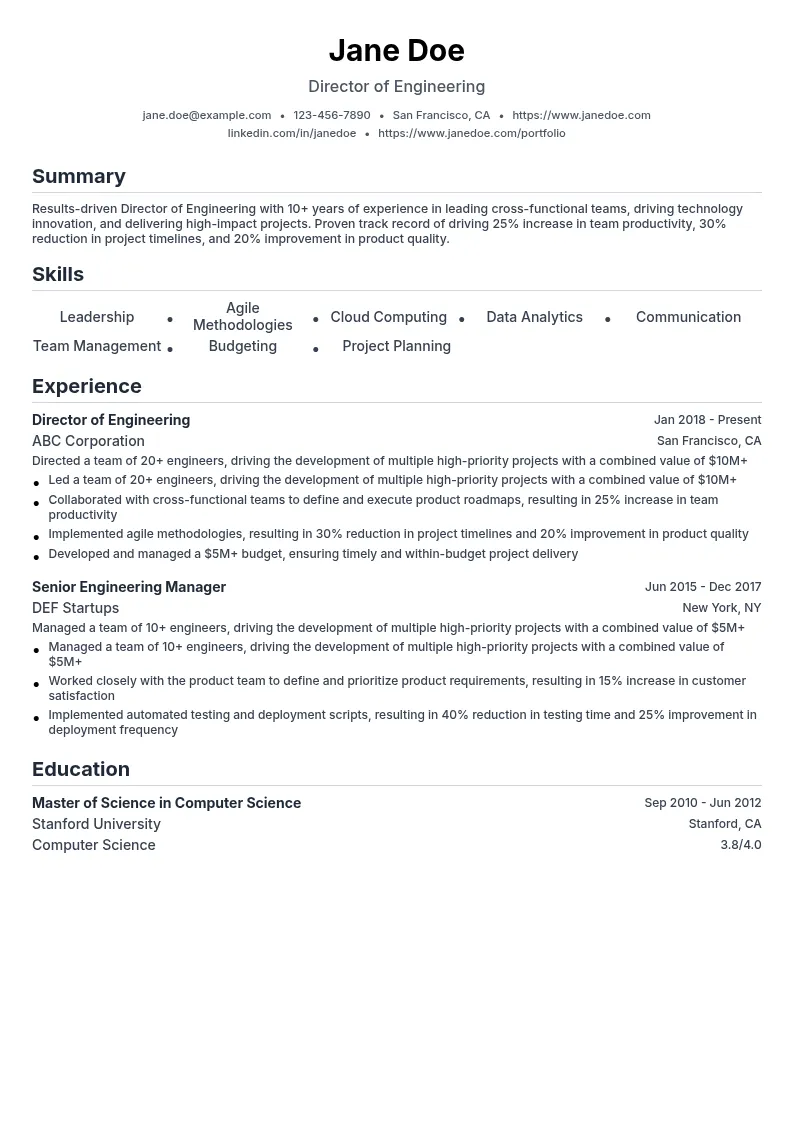Director of Engineering resume example