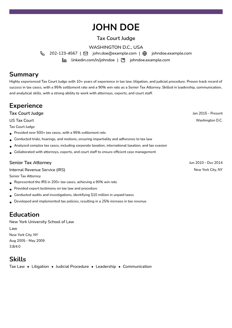 Tax Court Judge resume example