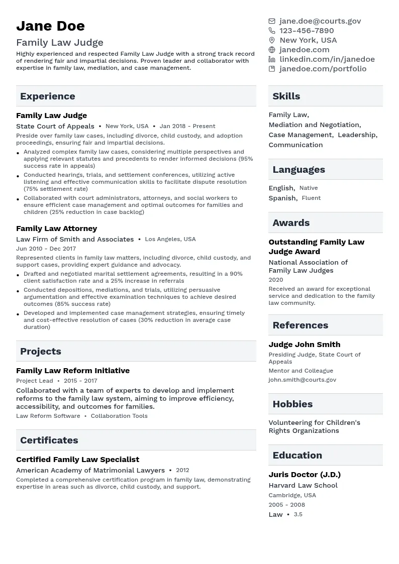 Family Law Judge resume example