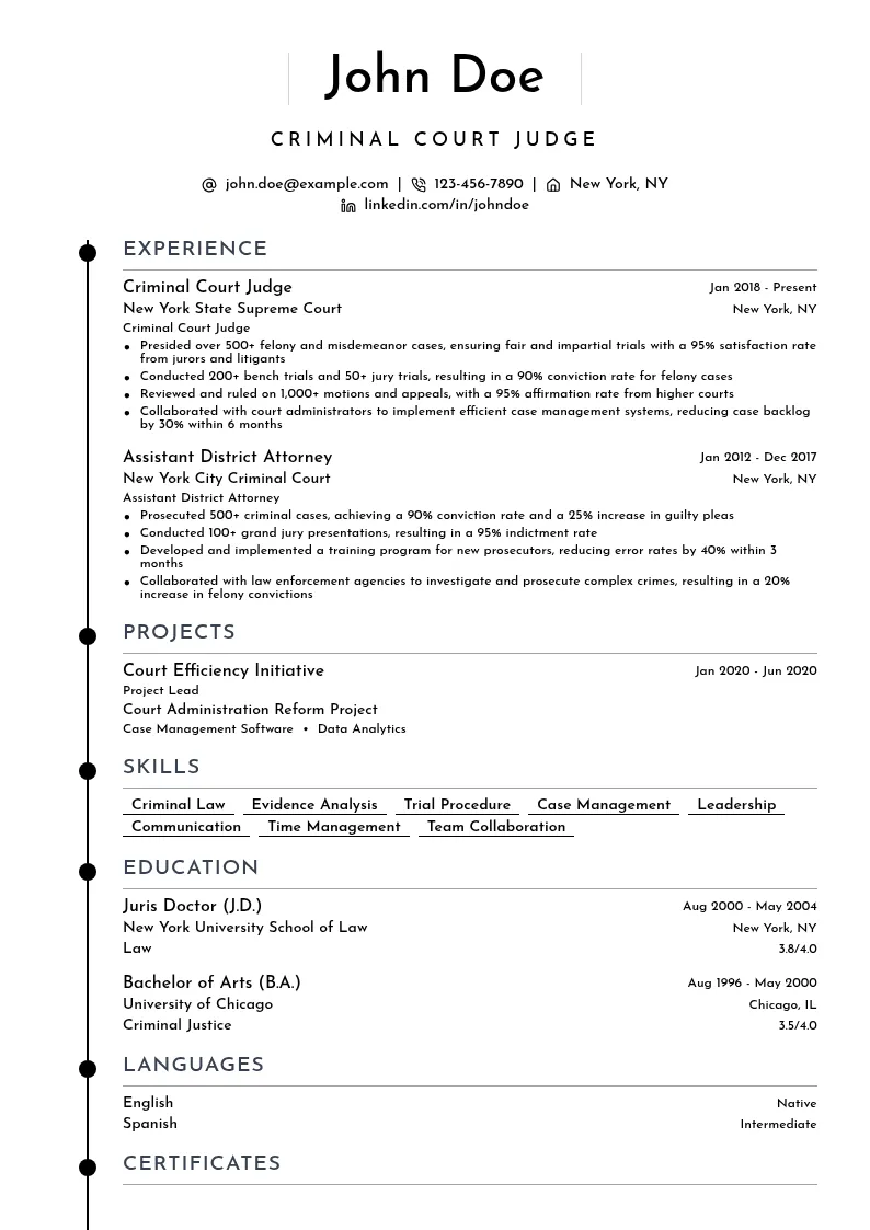 Criminal Court Judge resume example