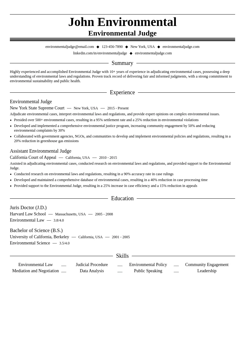 Environmental Judge resume example