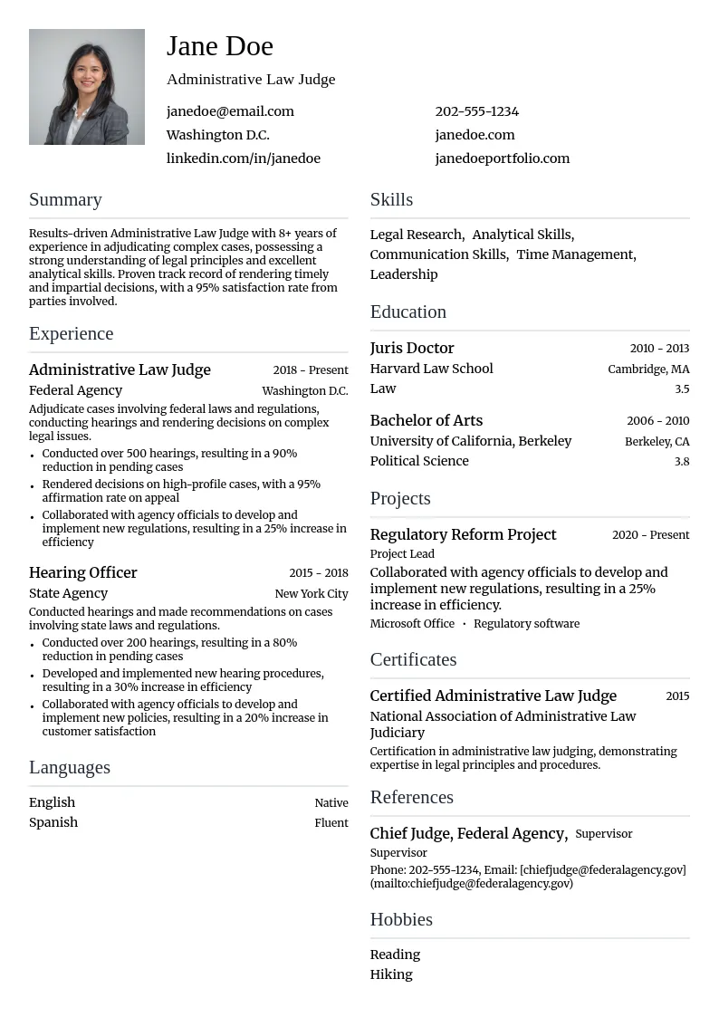Administrative Law Judge resume example