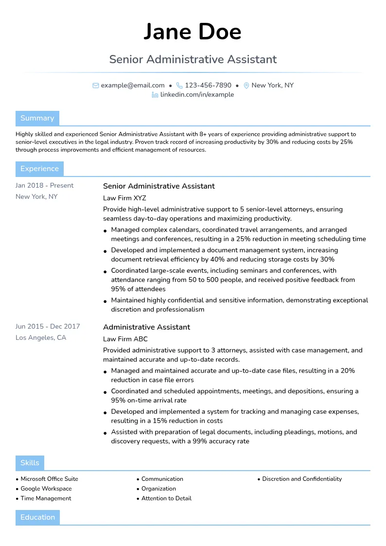 Senior Administrative Assistant resume example
