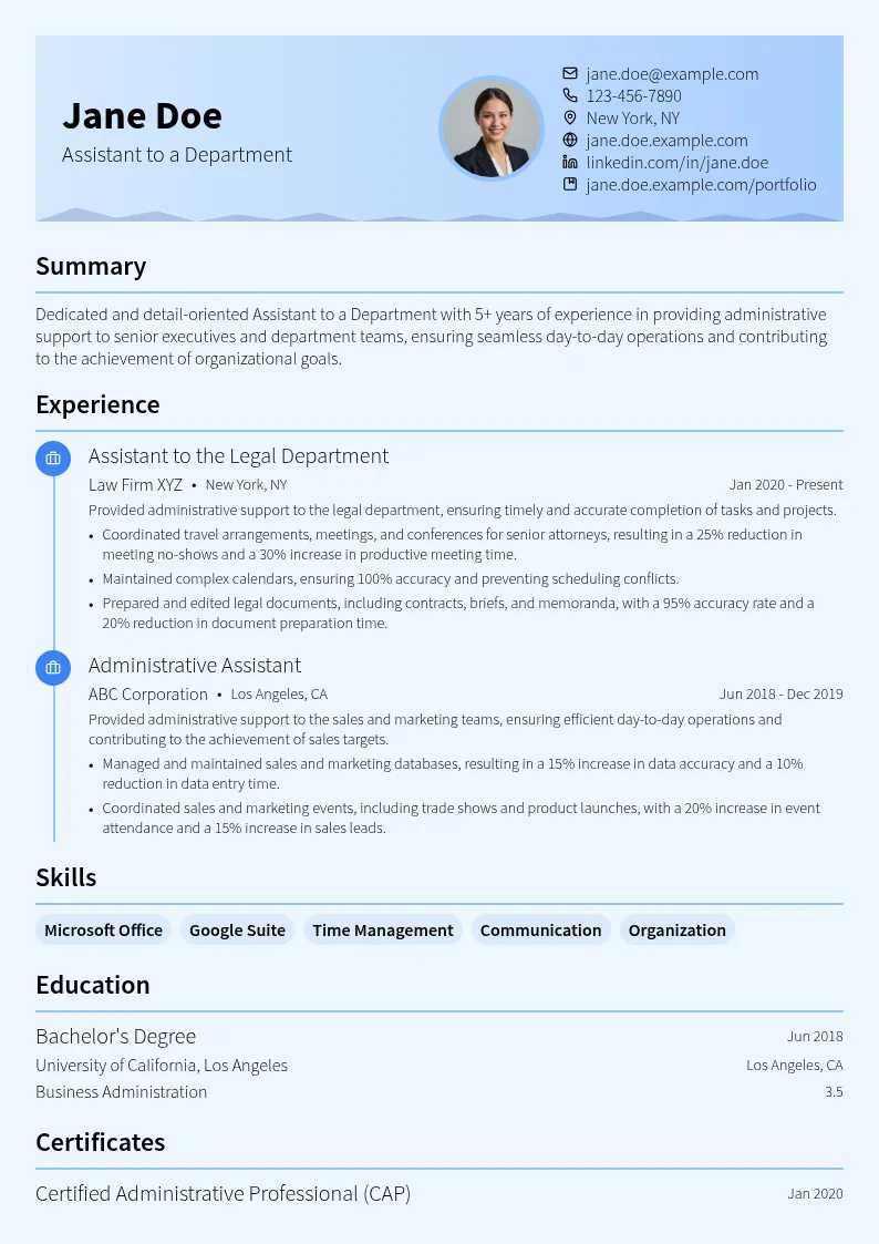 Assistant to a Department resume example