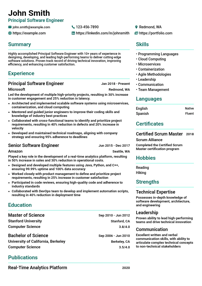 Principal Software Engineer resume example