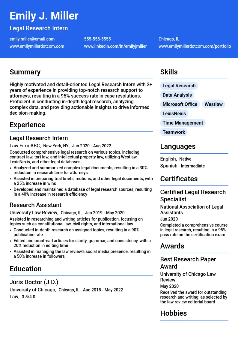 Legal Research Intern resume example