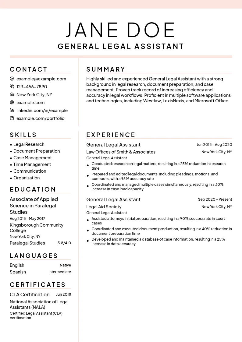 General Legal Assistant resume example