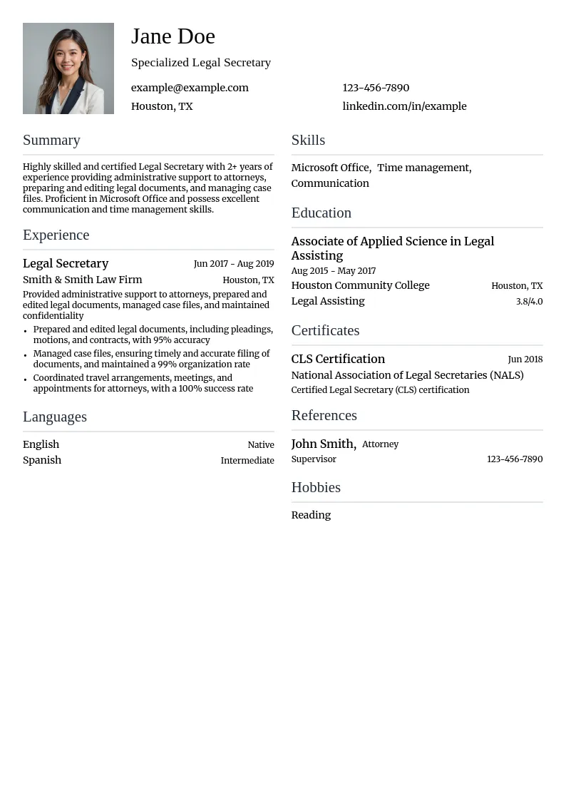 Specialized Legal Secretary resume example