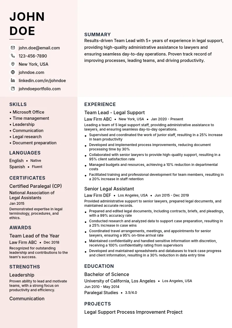 Team Lead - Legal Support resume example