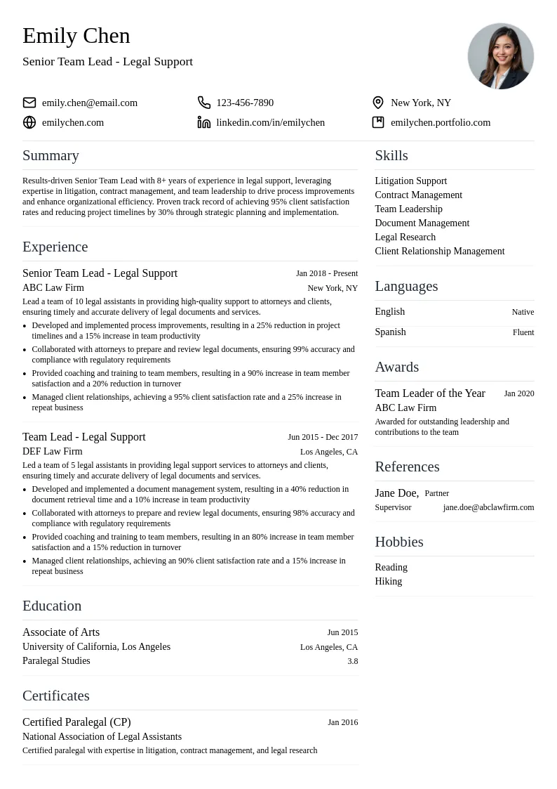 Senior Team Lead - Legal Support resume example