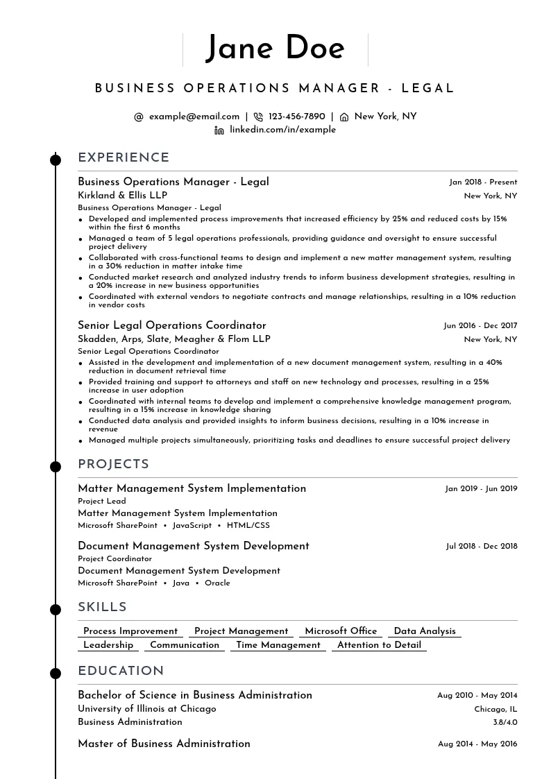 Business Operations Manager - Legal resume example