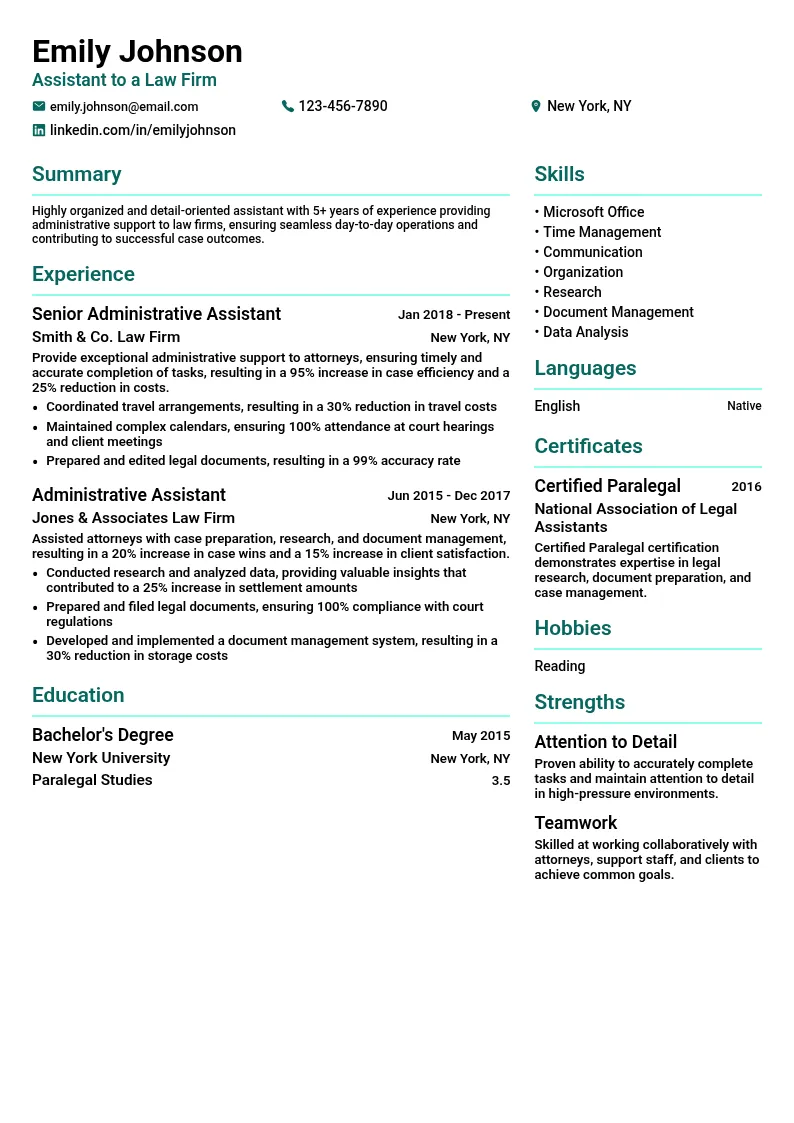 Assistant to a Law Firm resume example