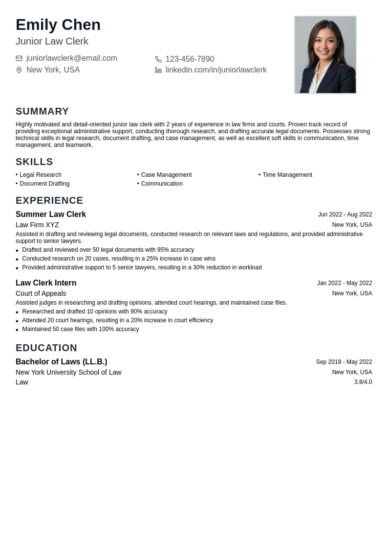 Junior Law Clerk resume example