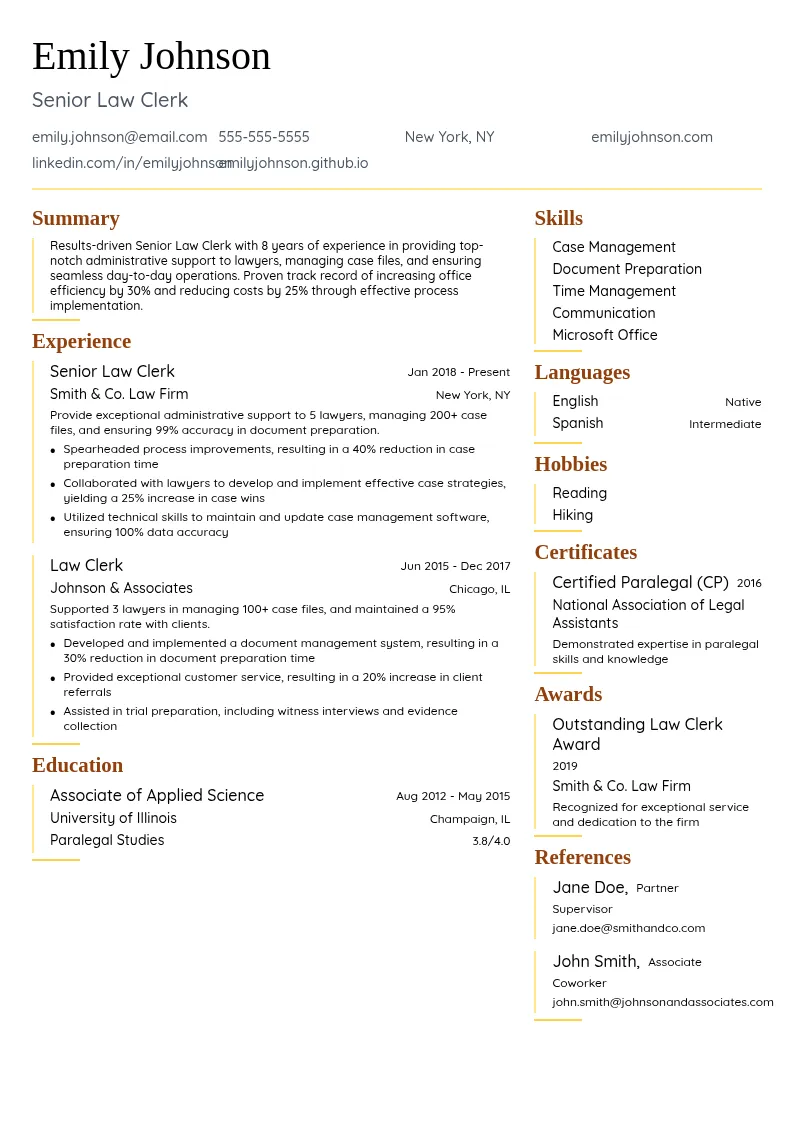 Senior Law Clerk resume example