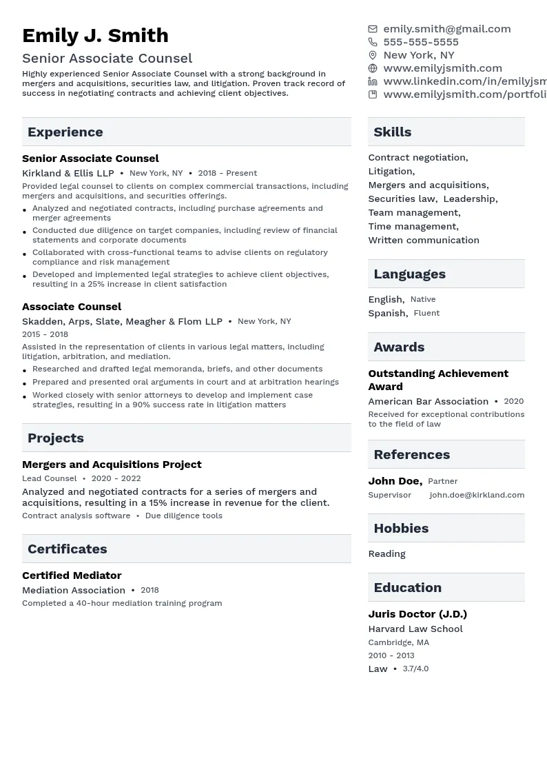 Senior Associate Counsel resume example