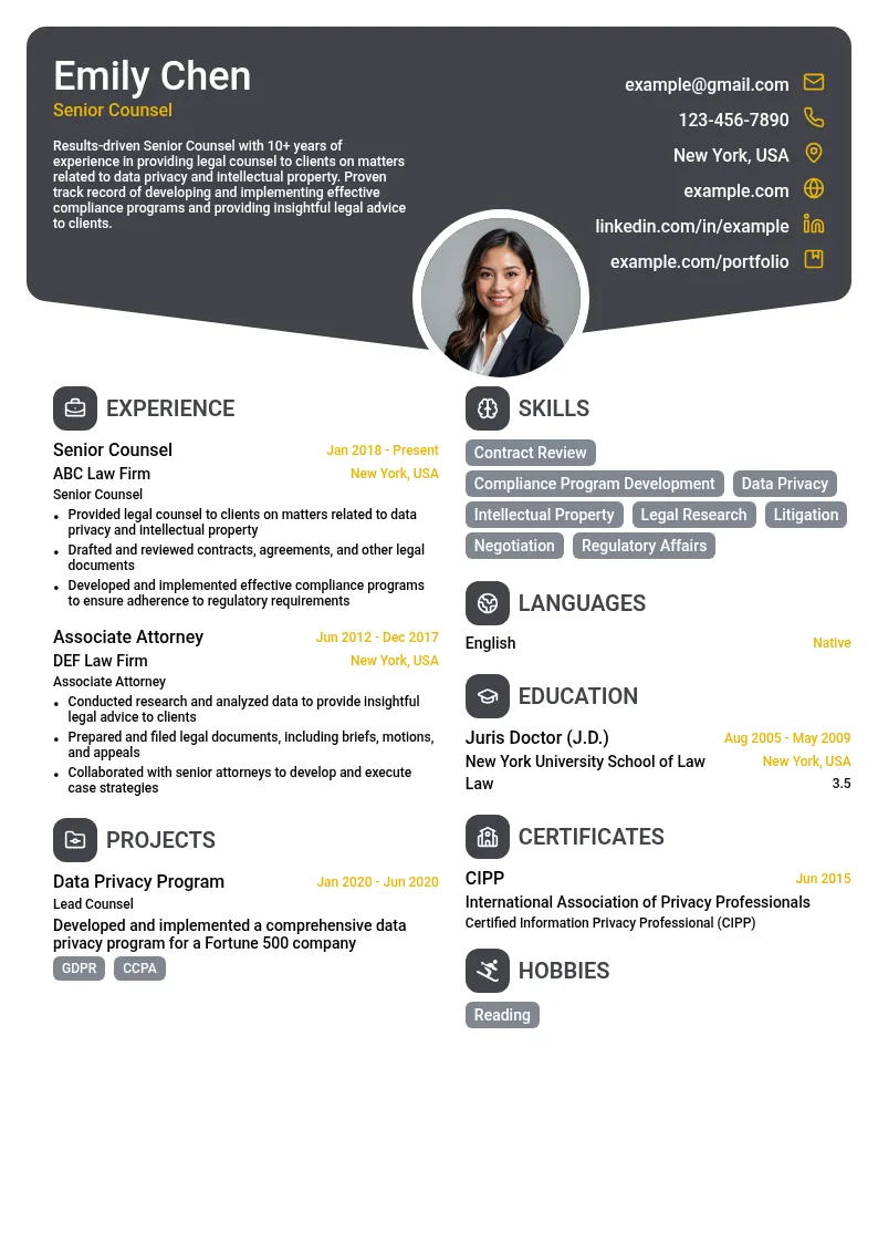 Senior Counsel resume example