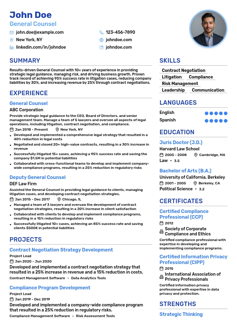 General Counsel resume example