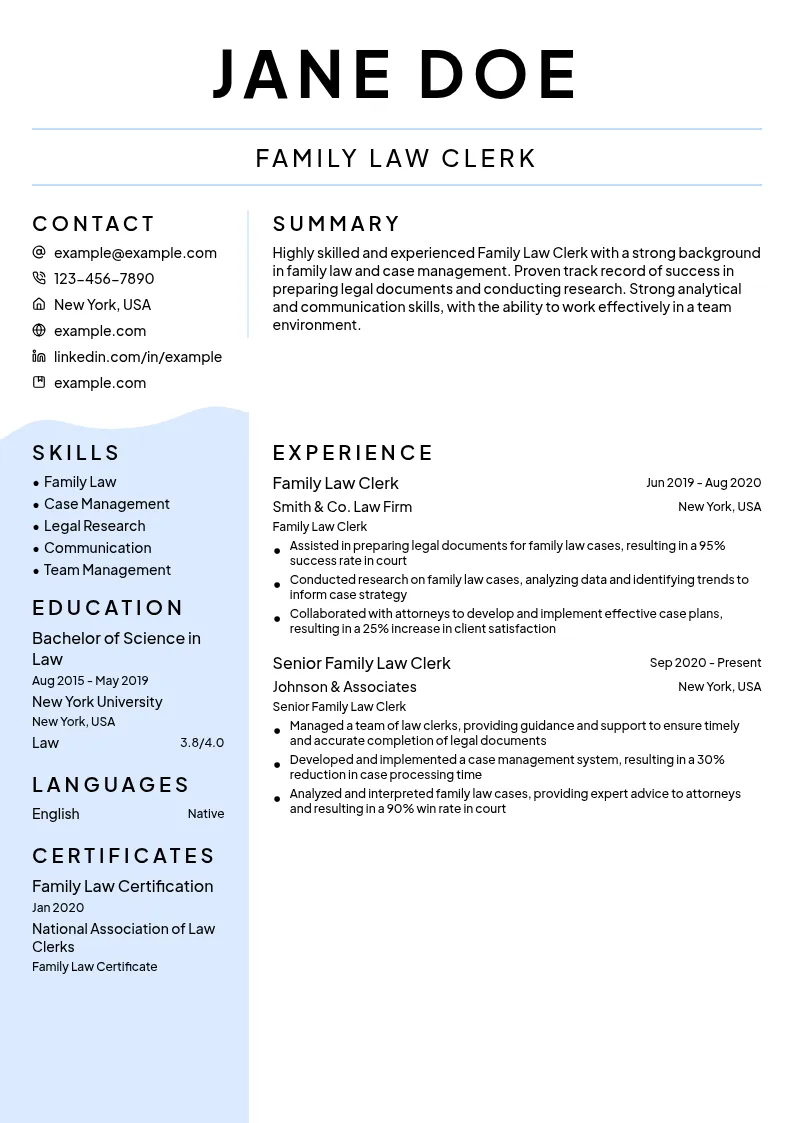 Family Law Clerk resume example