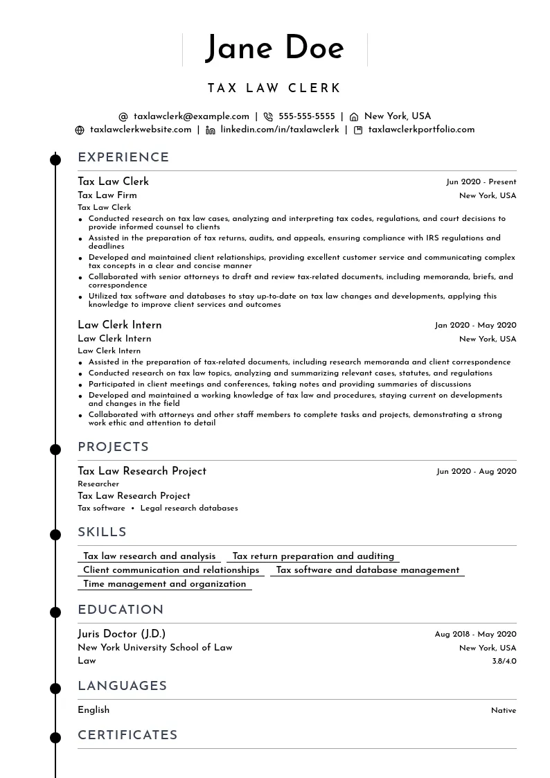 Tax Law Clerk resume example