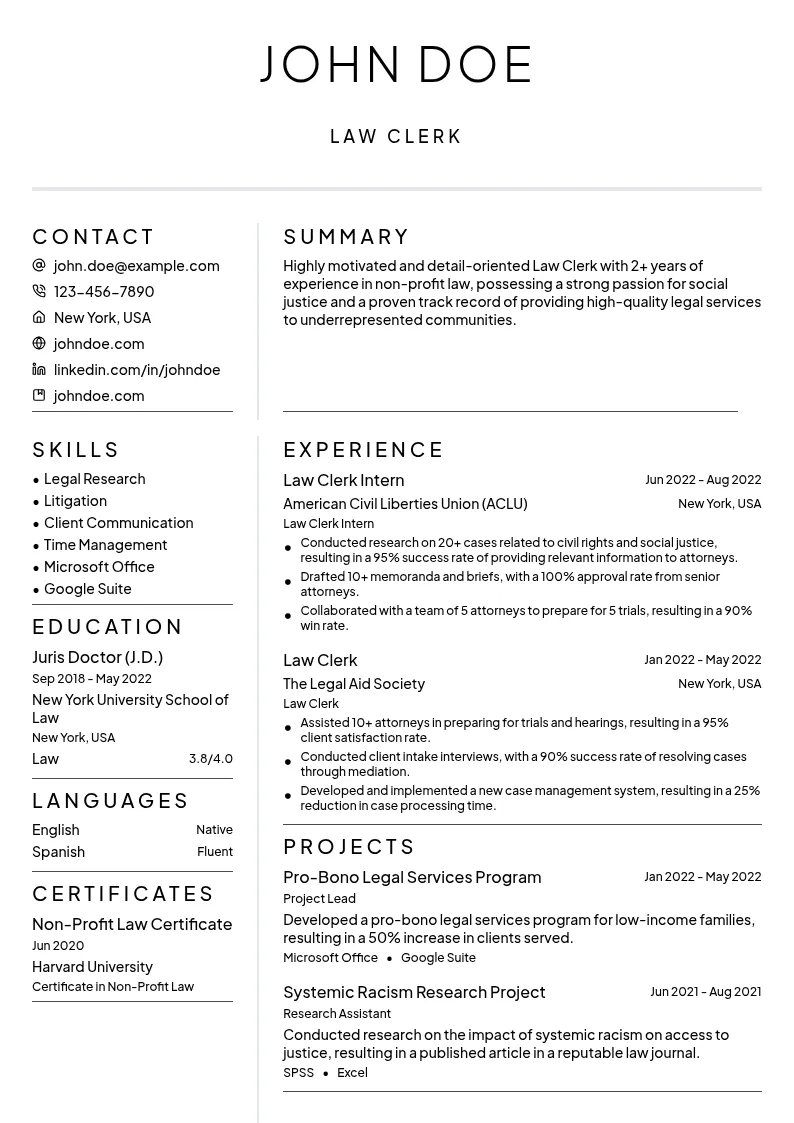 Law Clerk for Non-Profit resume example