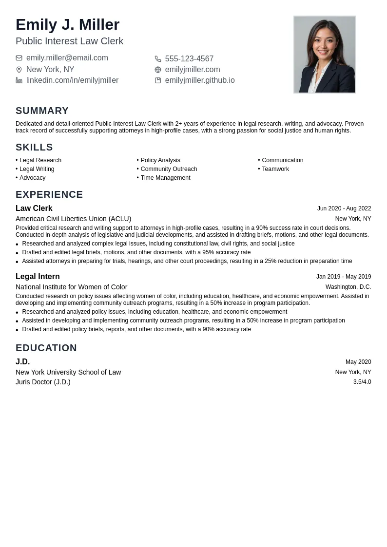 Public Interest Law Clerk resume example