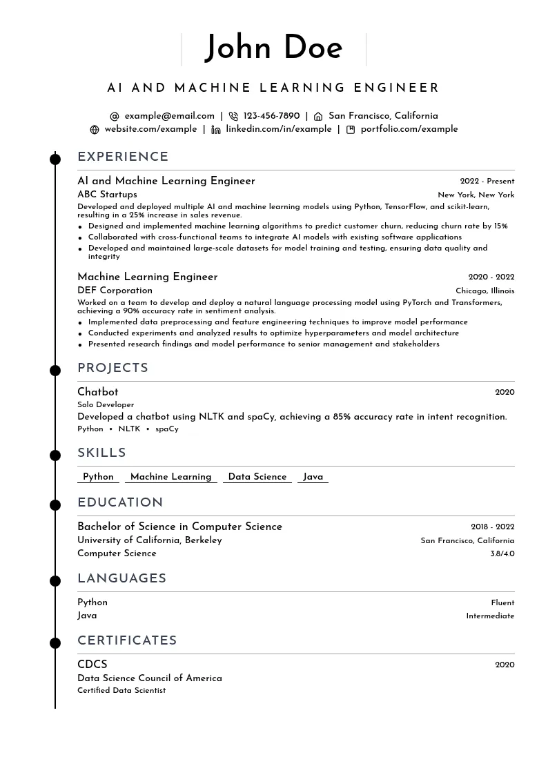 AI and Machine Learning Engineer resume example