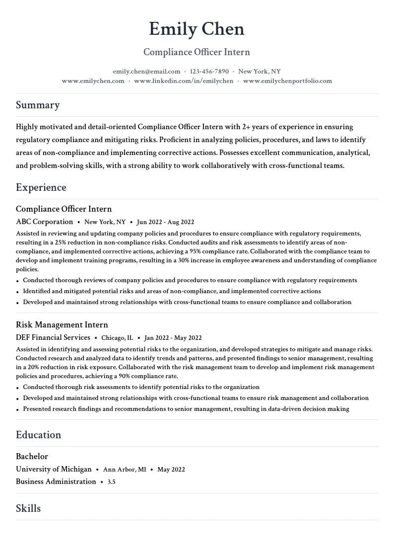 Compliance Officer Intern resume example