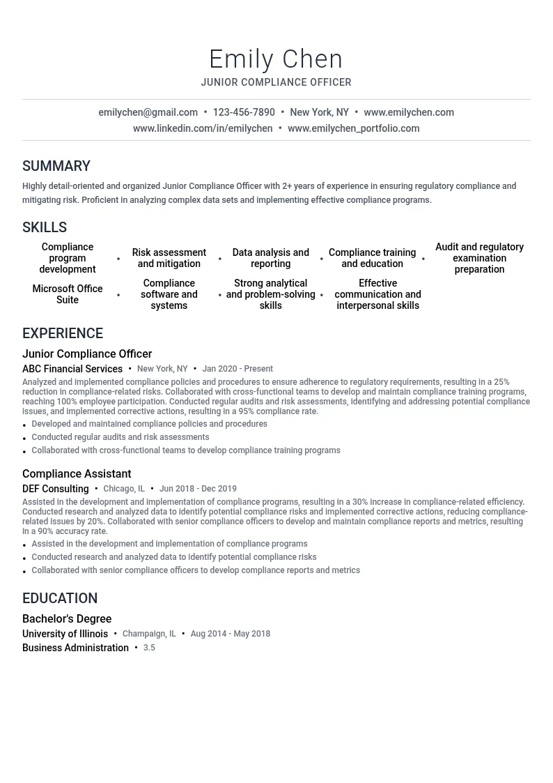 Junior Compliance Officer resume example