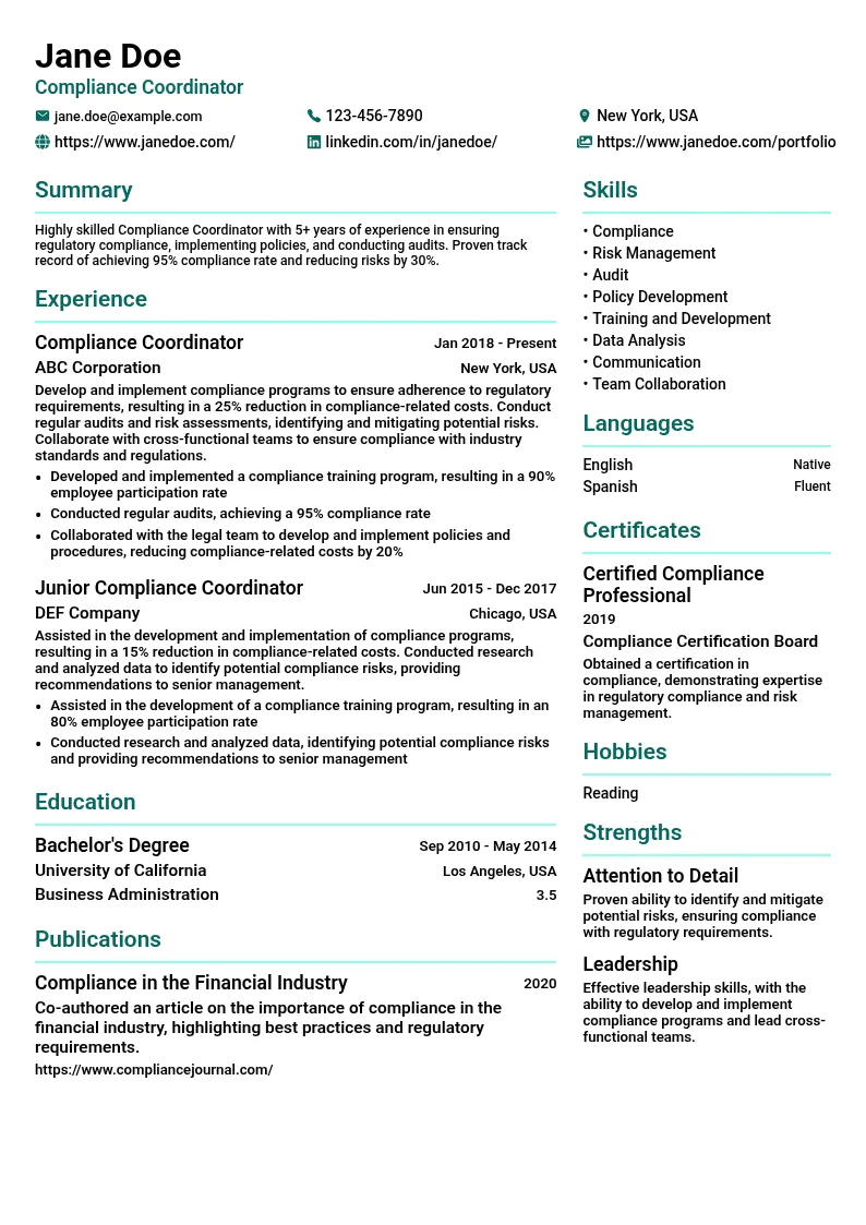 Compliance Coordinator resume example