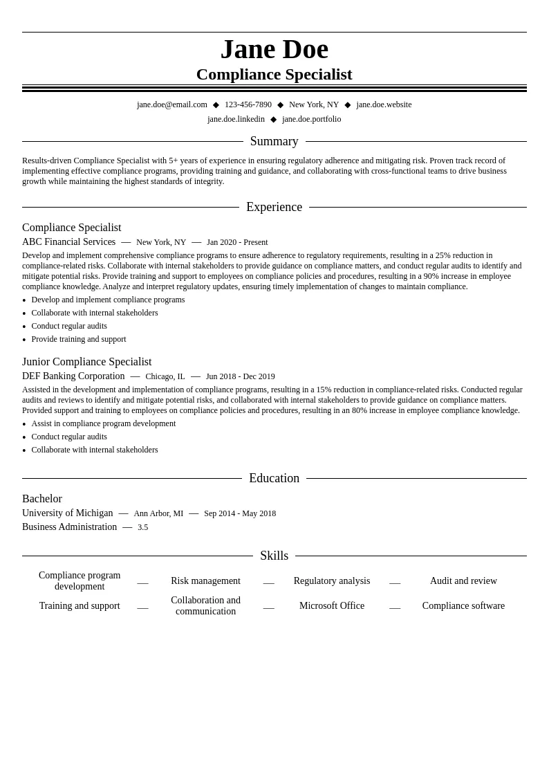 Compliance Specialist resume example