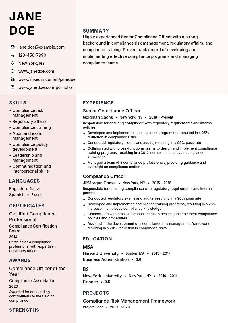 Senior Compliance Officer resume example