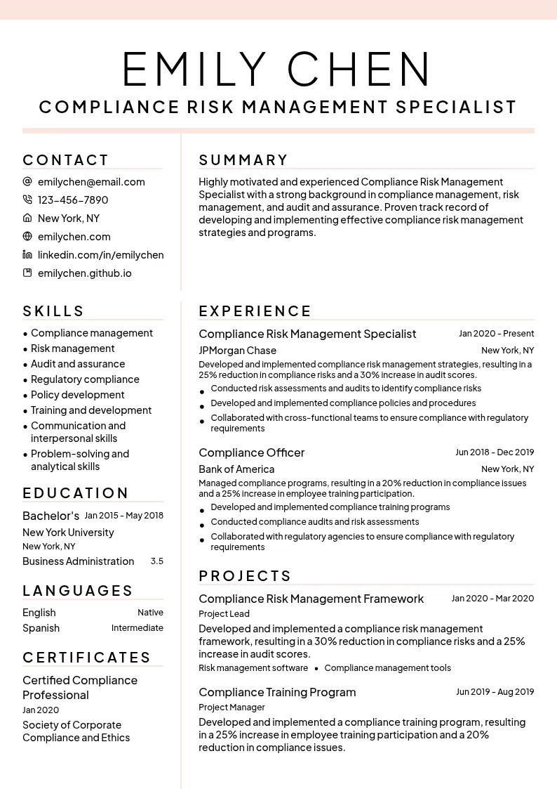 Compliance Risk Management Specialist resume example