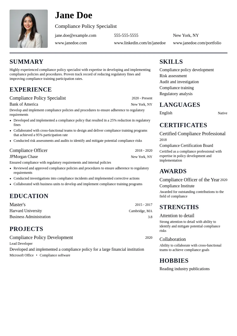 Compliance Policy Specialist resume example
