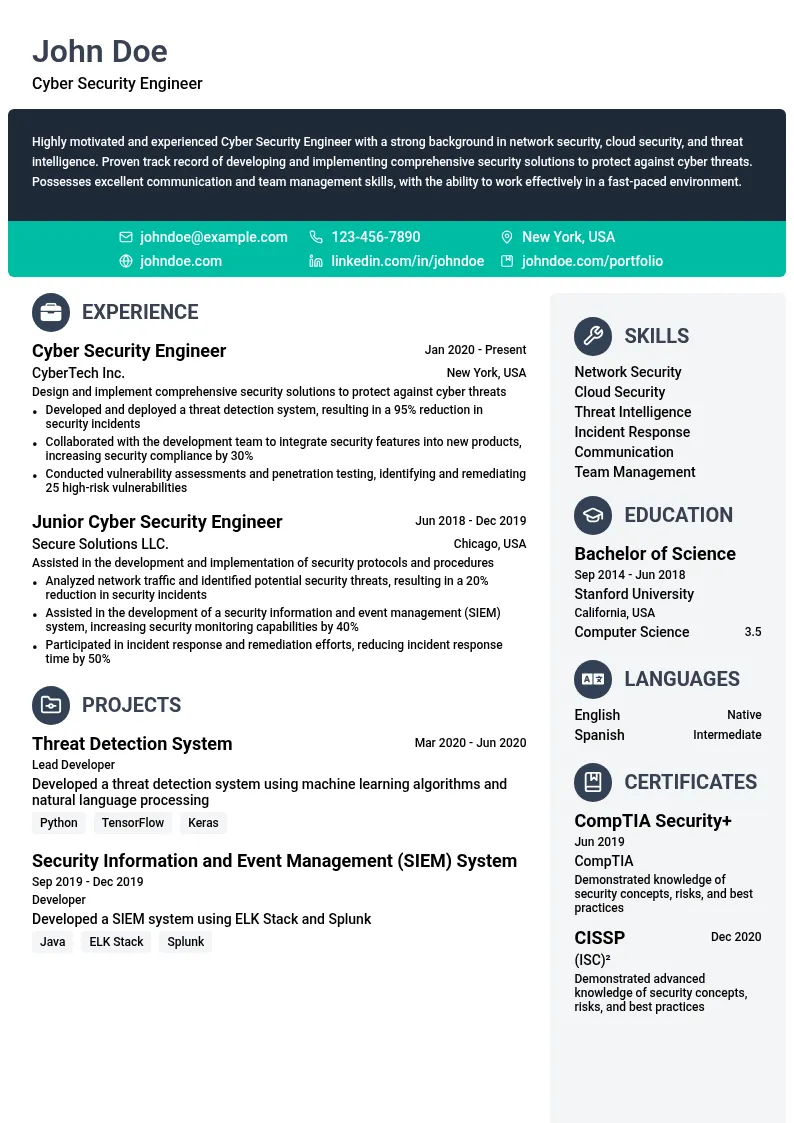 Cyber Security Engineer resume example