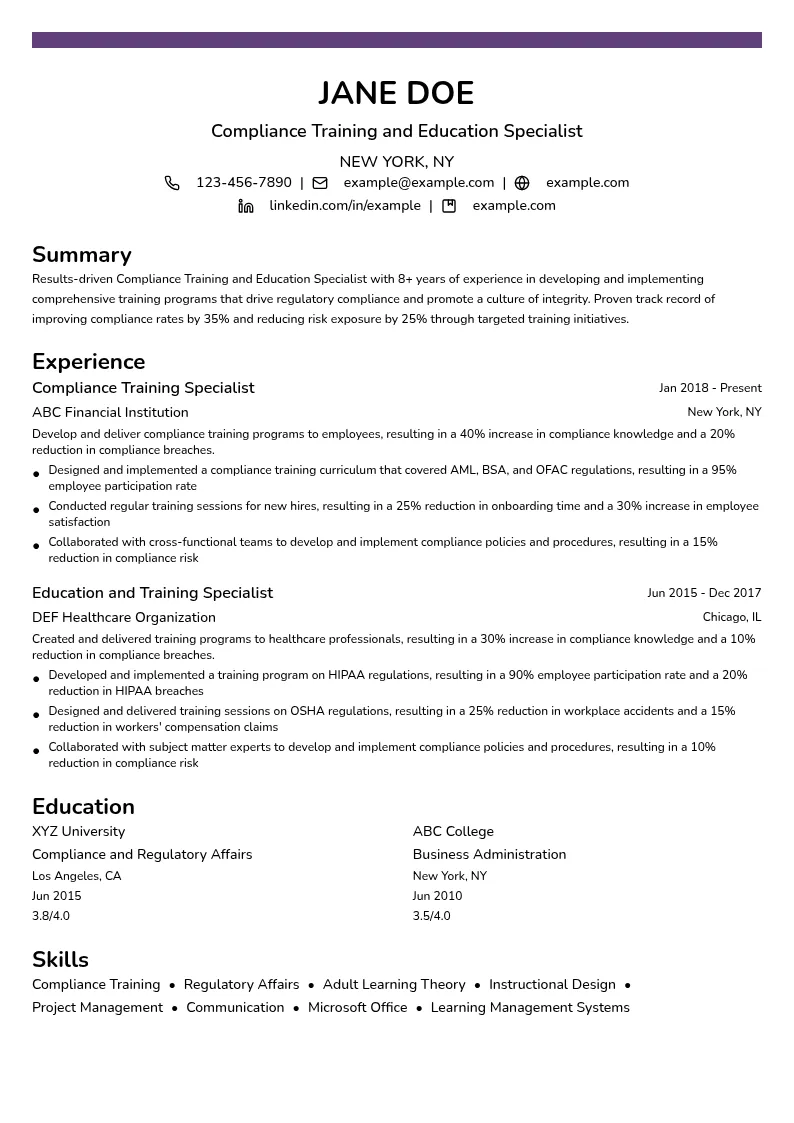 Compliance Training and Education Specialist resume example