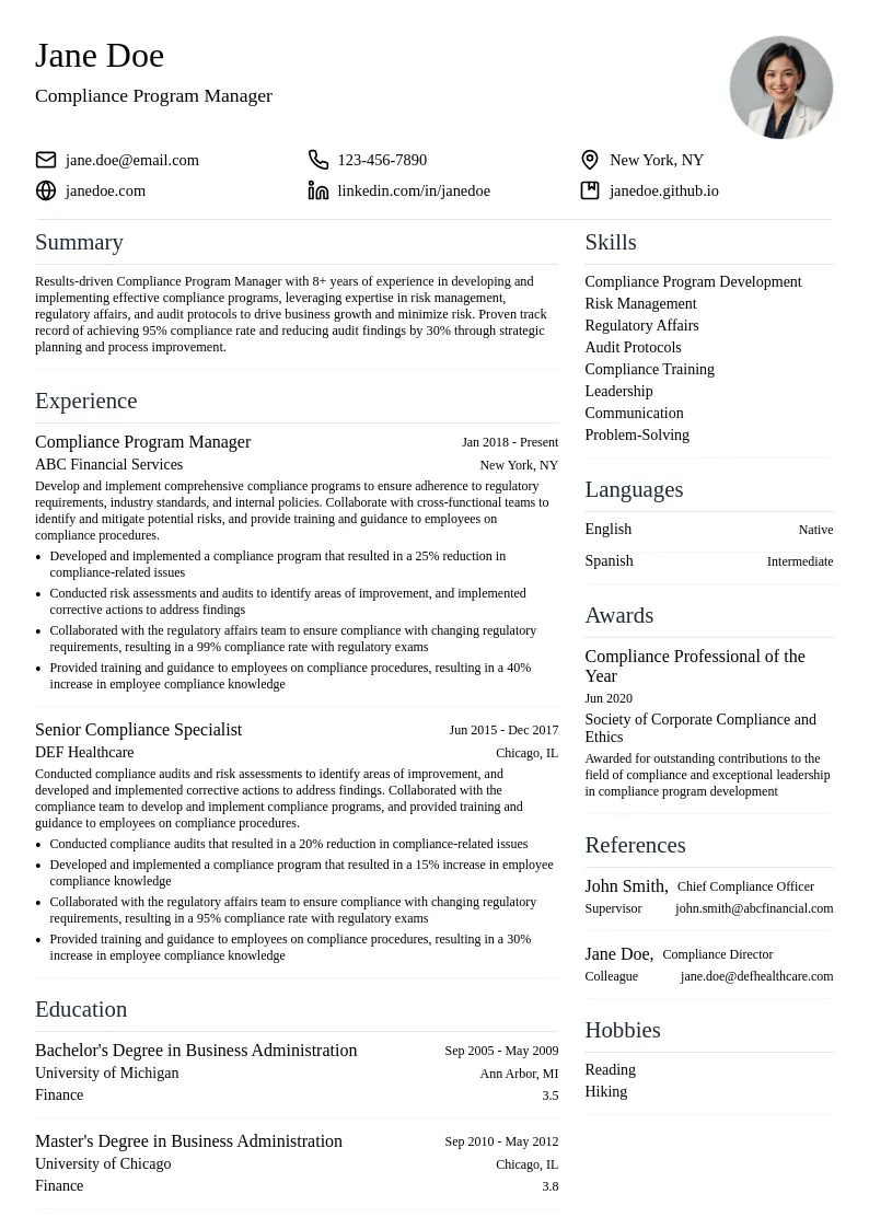 Compliance Program Manager resume example