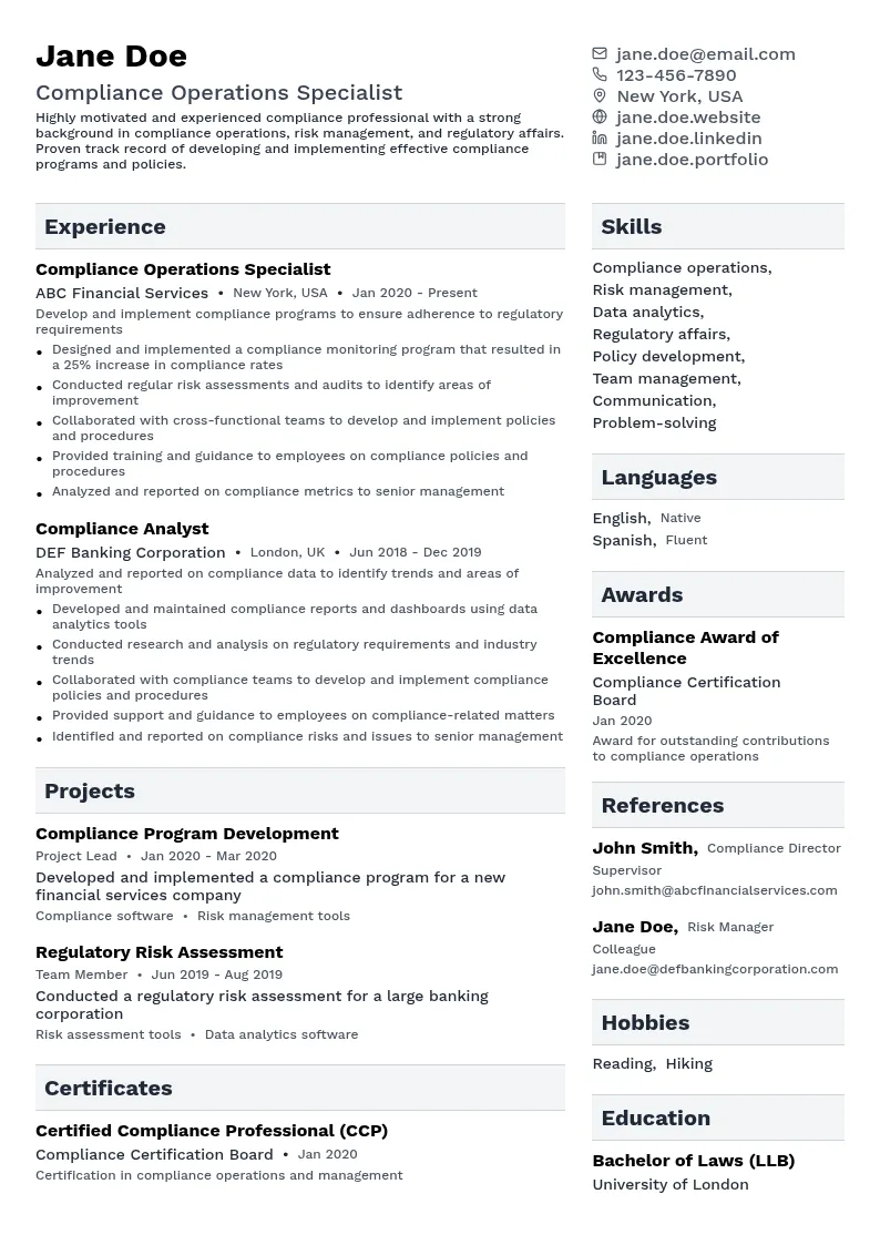 Compliance Operations Specialist resume example