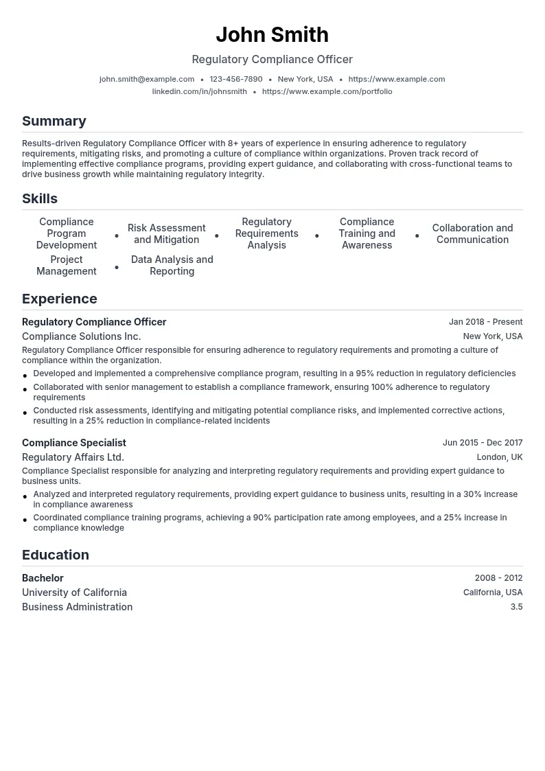 Regulatory Compliance Officer resume example